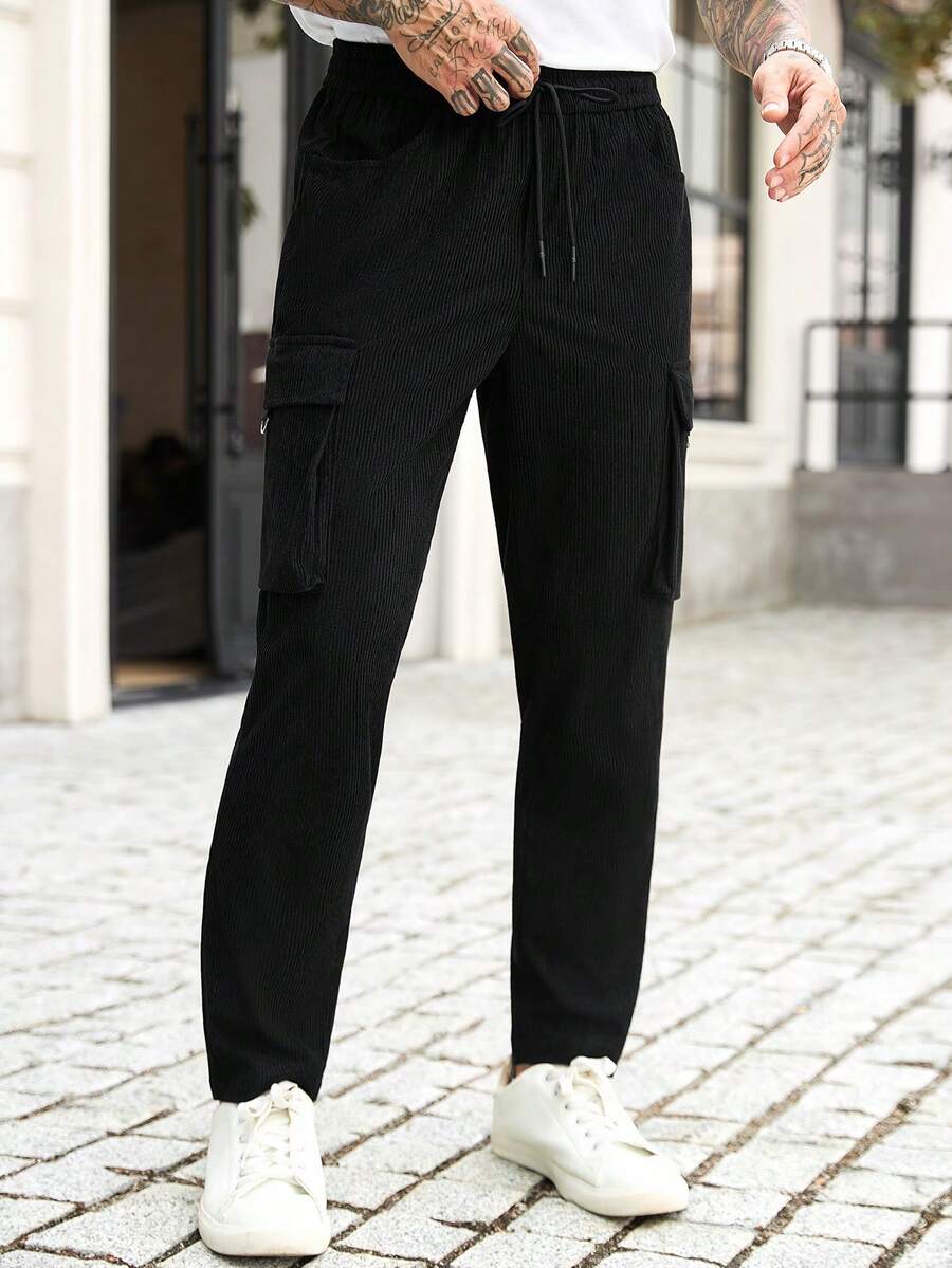 Manfinity CasualCool Men's Black Straight Leg Casual Sports Commute Versatile Pants With Elastic Waist, D-Ring Buckle Design And Large Pockets - Black - View 1