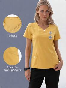 TaskEZ Atasan Seragam Kerja/Pembantu Rumah Tangga Lengan Pendek Model Slim Fit dengan Kerah Bentuk Hati Warna Biru dan Kuning, 4 Saku, Nyaman dan Praktis - Kuning - View 1
