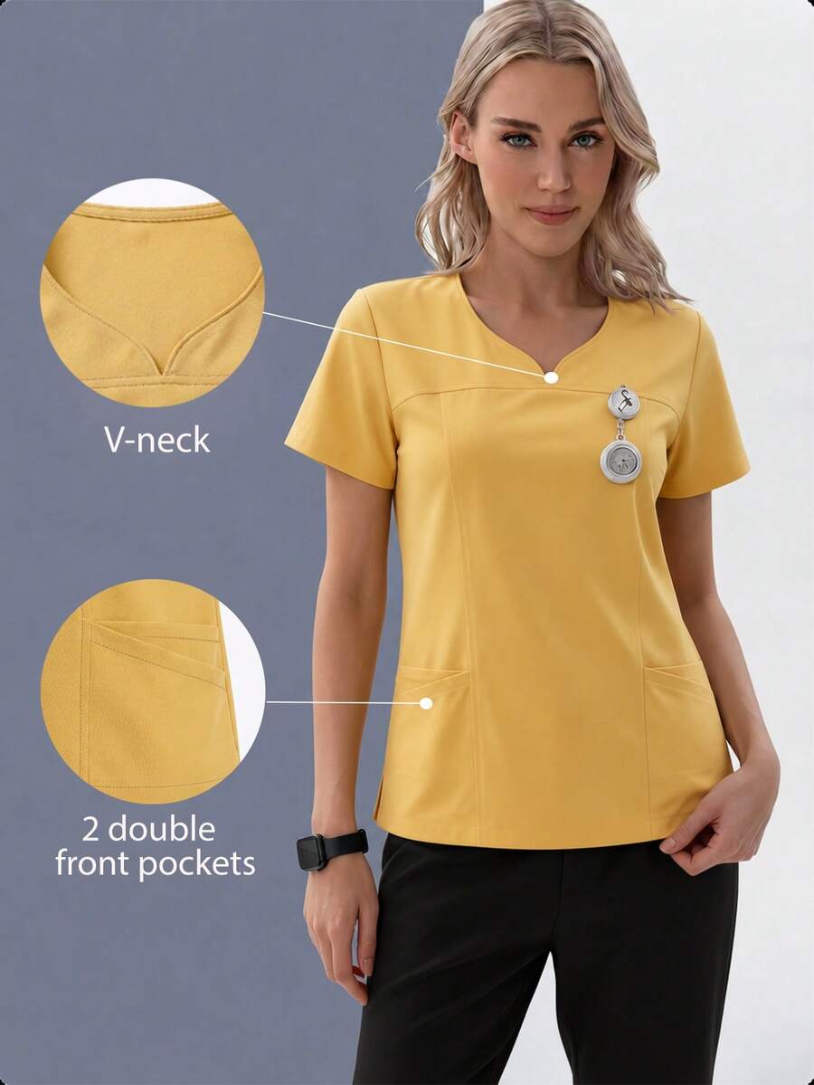 TaskEZ Atasan Seragam Kerja/Pembantu Rumah Tangga Lengan Pendek Model Slim Fit dengan Kerah Bentuk Hati Warna Biru dan Kuning, 4 Saku, Nyaman dan Praktis - Kuning - View 1