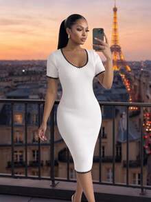 SHEIN Lady CURVE Plus Size Women's Colorblock Casual 1950s Vintage Elegant Traditional Office Formal Party Evening Knit Dress Teachers' Day Black And White Summer - Black and White - View 3