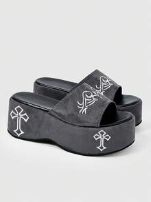 ROMWE Women's Slope Heel Platform Sandals Dark Rock Punk Goth Shoes Open-Toed Roman Beach Sandals Word With Embroidery Party Dress Shoes - - Grey embroidered slippers - View 1
