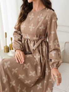 Al Najma Women's Floral Pattern Waist Bow Decor Elegant Arabian Dress - Multicolor - View 3