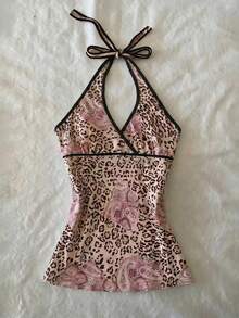 IslaSuriya Tank Top Wanita Motif Leopard, Bunga Cashew, Leher Halter, Tali Belakang - MultiWarna - View 4