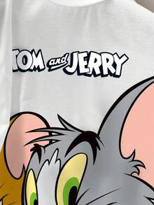 TOM & JERRY X SHEIN 女款字母印花圓領短袖休閒T恤 - 白色 - 查看 3