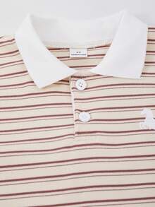 SHEIN 男童冬季新款長袖 Polo 衫，對比色領口白色細緻柔軟親膚針織上衣，小馬刺繡簡約復古風 - 杏色 - 查看 6