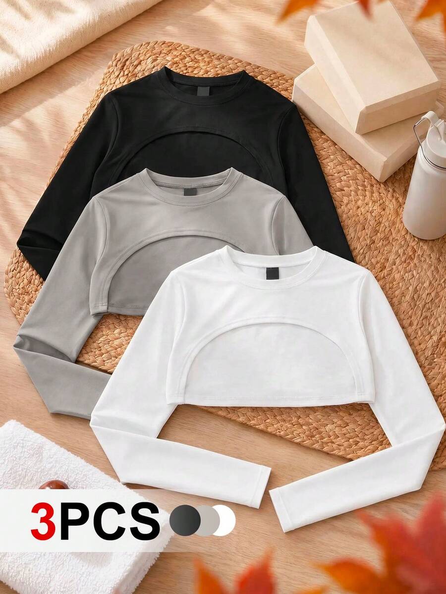 SHEIN Cheerettes 女款 3 件組 純色高低下擺長袖運動 T 恤短版上衣透氣運動休閒短版外套套裝 健身房穿搭 黑色 淺灰色 白色 秋季 - 彩色 - 查看 1