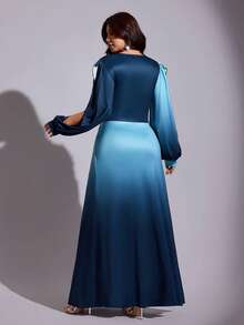 Viva Relle Plus Size Women's Blue-Black Gradient Satin Long Evening Gown, V-Neck, Slit, Cape Sleeve, Ruched Waist, Bodycon, Floor Length, Formal Party Wedding Guest Dress - Multicolor - View 3