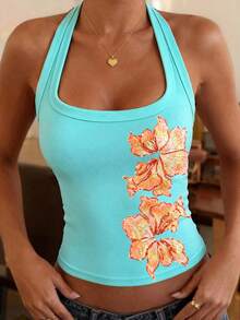 DrmWander Women's Sexy Street Style Fitted Floral Print Halter Neck Tank Top - Blue - View 3