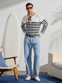 Men Striped Pattern Graphic Color Block Pullover Casual Long Sleeve Sweater, For Going Out, Friends, Fall Winter - Black and White - View 2