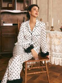Côtesoire Women's Polka Dot Print Top And Pants Pajama Set - Black and White - View 1