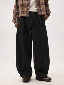 Vaulklash Men Casual Street Cuffed Waist Seam Front Loose Wide Leg Sweatpants Wide Leg - Black - View 4