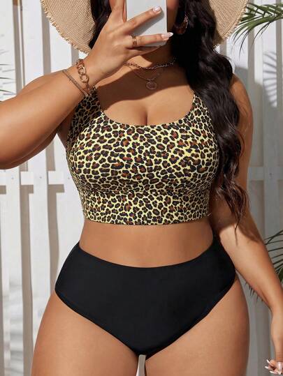 SHEIN Swim Curve Plus Size Women Summer Beach Vacation Leopard Print Tankinis Swimwear