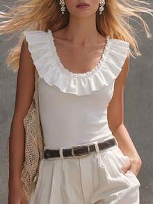Solivie Women's Solid Color Patchwork Ruffle Trim Fitted Sleeveless Top Vacation White Summer Elegant - White - View 2