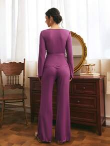 Côtesoire French Elegant Romantic Charm Lace Patchwork Asymmetric V-Neck Comfortable Knit Women's Pajama Set - Purple - View 4