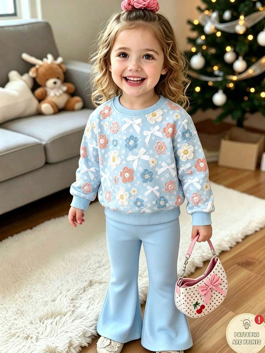 女嬰花卉與蝴蝶結印花運動衫套裝,圓領長袖運動衫與喇叭褲2件套,可愛柔軟休閒日常穿著,適合外出、上學,秋冬/四季皆宜 - 彩色 - 查看 1