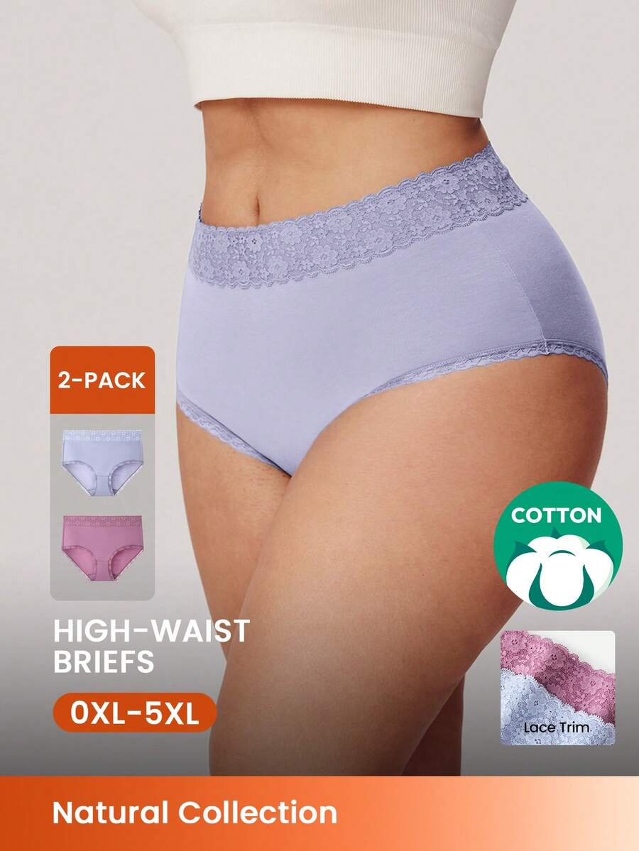 LUVLETTE Plus 2入組高腰蕾絲棉質甜美風女款內褲內褲套組-紫色 - 彩色 - 查看 1