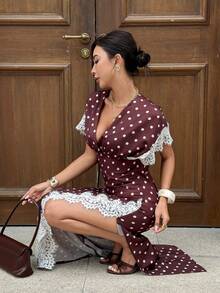 Siren Gaze 女款復古棕色與白色波點拼接蕾絲V領收腰洋裝，夏季優雅茶會長版宴會度假洋裝 - 棕色 - 查看 7