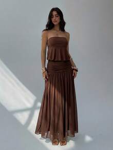 Aloruh Women's Spring/Summer Vacation Date Romantic Sexy Solid Brown Strapless Ruched Waist A-Line Dress - Coffee - View 4