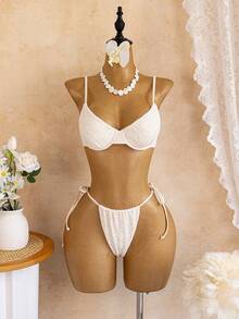 Swim Mod 春夏女款3件式泳衣套裝，性感熱帶浪漫度假風，優雅成熟雙肩帶豹紋沙灘裙，白色 - 杏色 - 查看 3