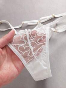 EmpressEnvy 女款愛心刺繡拼接金屬扣寶石鉚釘T-Back內褲 - 白色 - 查看 4