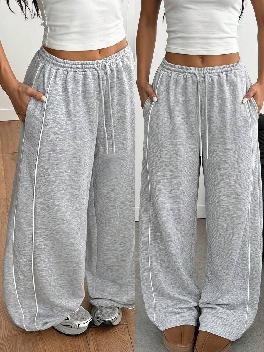 SHEIN Teen Girl Pants Teen Girl Autumn/Winter Knit Light Gray Casual Drawstring Pocket Contrast Trim Adjustable Loose Wide Leg Sweatpants, Versatile Long Pants - Light Grey - View 1