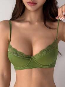 DAZY 蕾丝拼接无钢圈加厚可调节细肩带性感文胸，女士内衣 - 綠色 - 查看 7