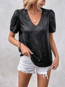 SHEIN V Neck Sequin Blouse For Holiday Party Clothes Party Top For Women - Black - View 6