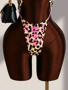 Swim SXY Sexy Leopard Print Cutout Spaghetti Strap One-Piece Swimsuit Beach Club Party Pink Leopard Print Summer - Multicolor - View 3