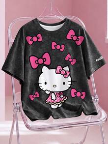 HELLO KITTY AND FRIENDS | SHEIN 大码女式圆领蝴蝶结卡通印花休闲百搭日常T恤 - 白色 - 查看 1