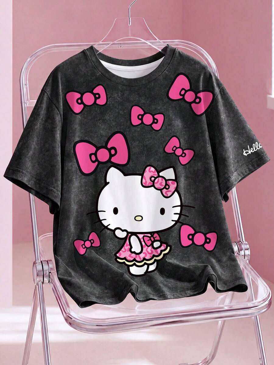 HELLO KITTY AND FRIENDS | SHEIN 大码女式圆领蝴蝶结卡通印花休闲百搭日常T恤 - 白色 - 查看 1
