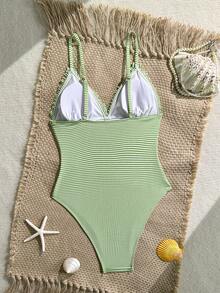 Swim Mod Nuevo Traje de baño de una pieza con volantes y tirantes a rayas azul y blanco para mujer, verano - Verde - Ver 2