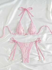 SHEIN Swim 2件組蕾絲拼接微三角掛脖綁背性感女款海灘度假泳衣，適合夏季海灘假期 - 粉色 - 查看 1