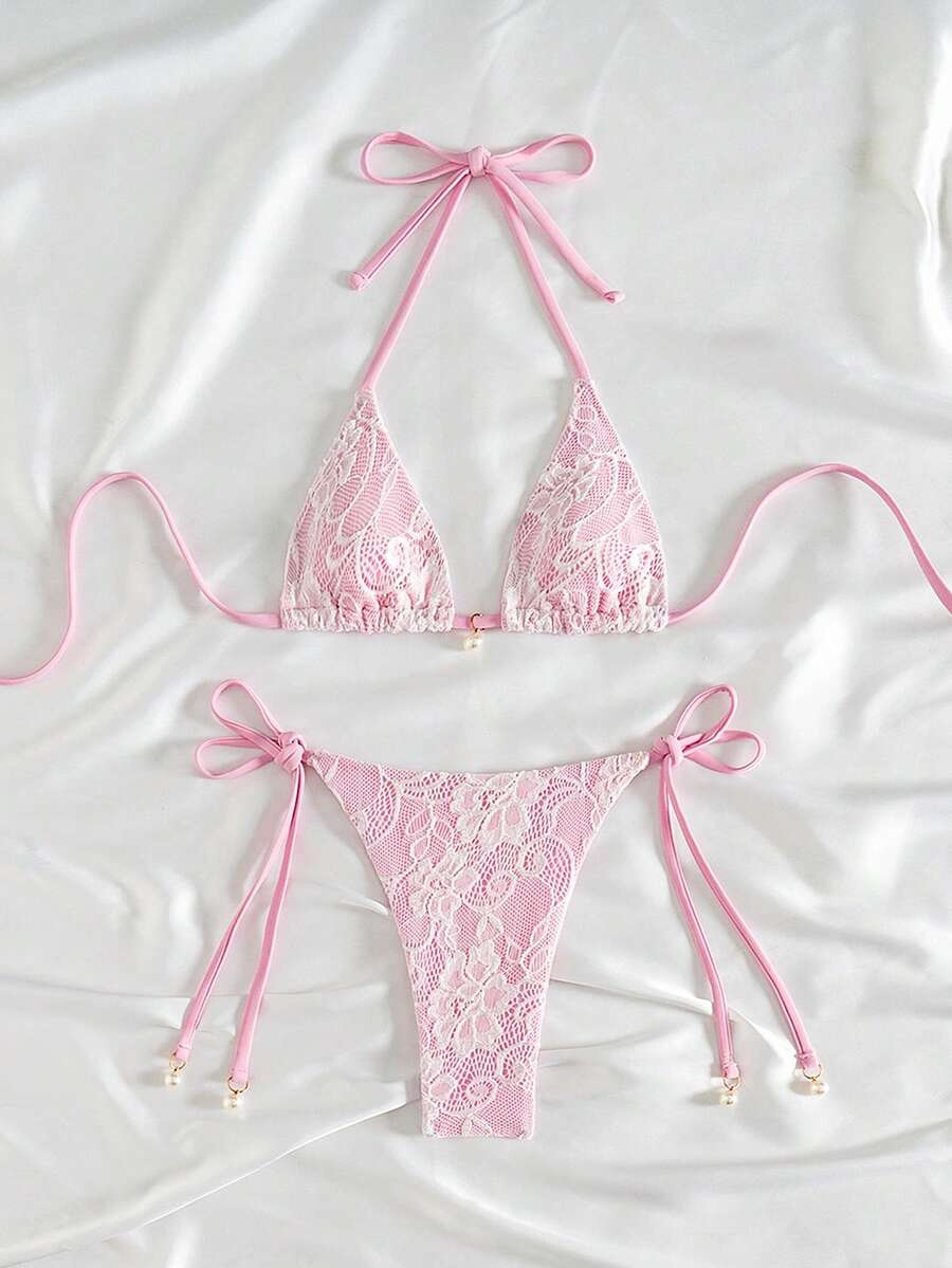 SHEIN Swim 2件組蕾絲拼接微三角掛脖綁背性感女款海灘度假泳衣,適合夏季海灘假期 - 粉色 - 查看 1