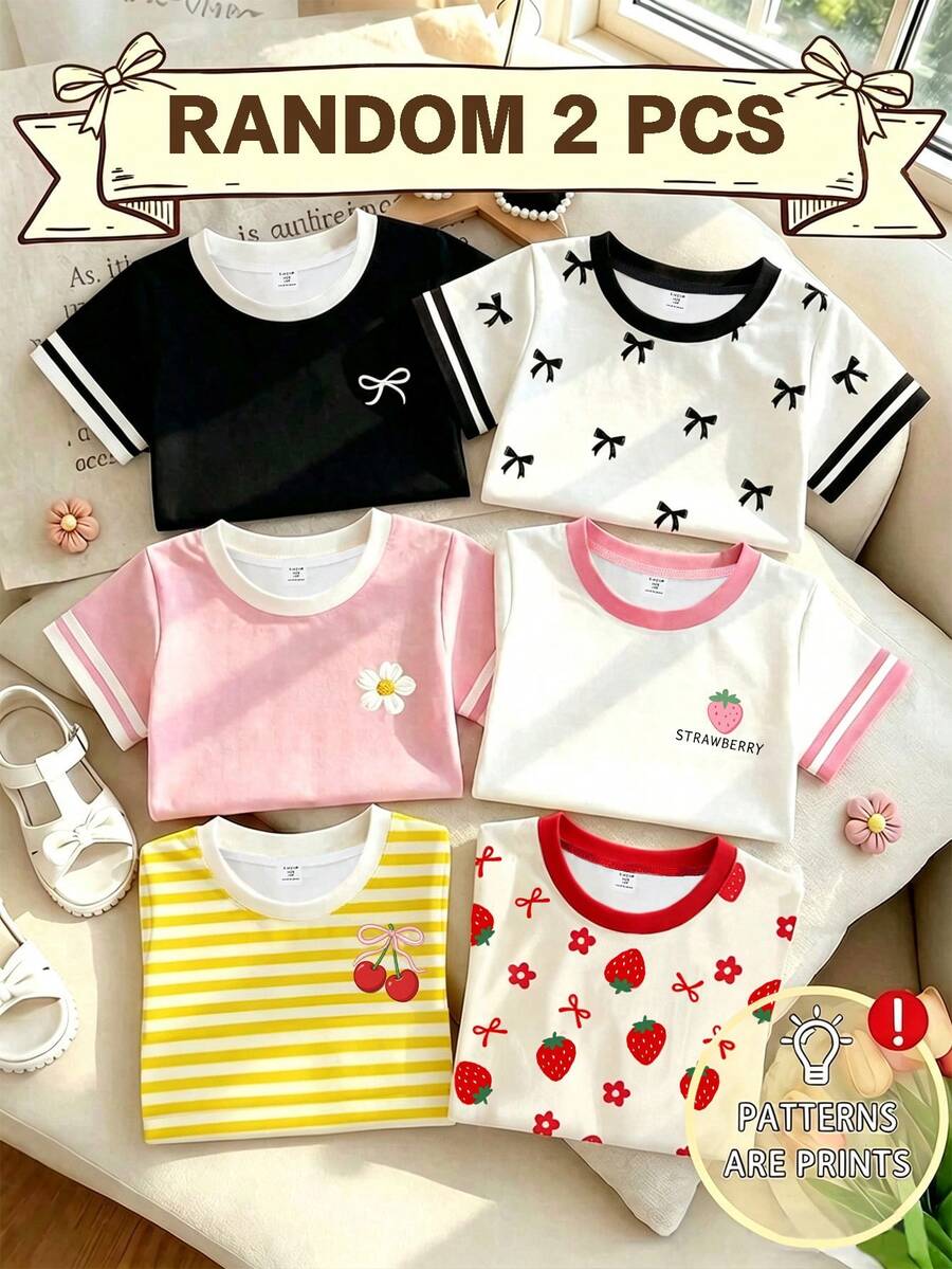 女童 T-shirt 上衣 2 件組，隨機櫻桃草莓水果圖案，黃紅蝴蝶結，休閒舒適百搭 - 白色 - 查看 1