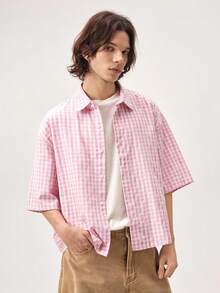 Vaulklash Men's Plaid Short Sleeve Shirt, Suitable For Summer, Streetwear Edition - Pink - View 6