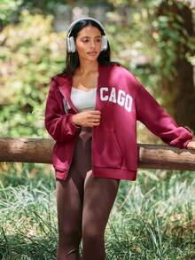 Voyena Women's Plus Size Letter Print Hooded Sweatshirt - Burgundy - View 5