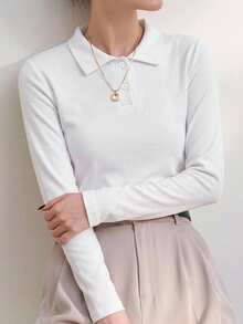 Dazy-Less 女款白色純色修身針織棉長袖鈕扣 Polo 領 T 恤 - 白色 - 查看 8
