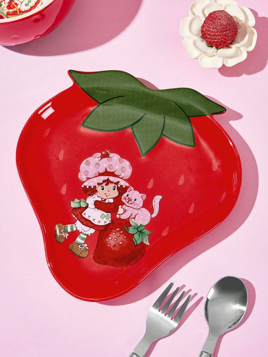 Strawberry Shortcake X SHEIN 1個卡通造型陶瓷盤,陶瓷甜點盤,適用於甜點、水果、小食,也可作為居家收納盤,收納鑰匙、珠寶等,適用於微波爐與洗碗機,草莓、田園、甜美風 - 紅色 - 查看 1