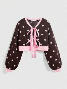 ROMWE Autumn/Winter Vintage Y2K Bow Ribbon Polka Dot Cute Retro Pink & Cardigan - Brown - View 1