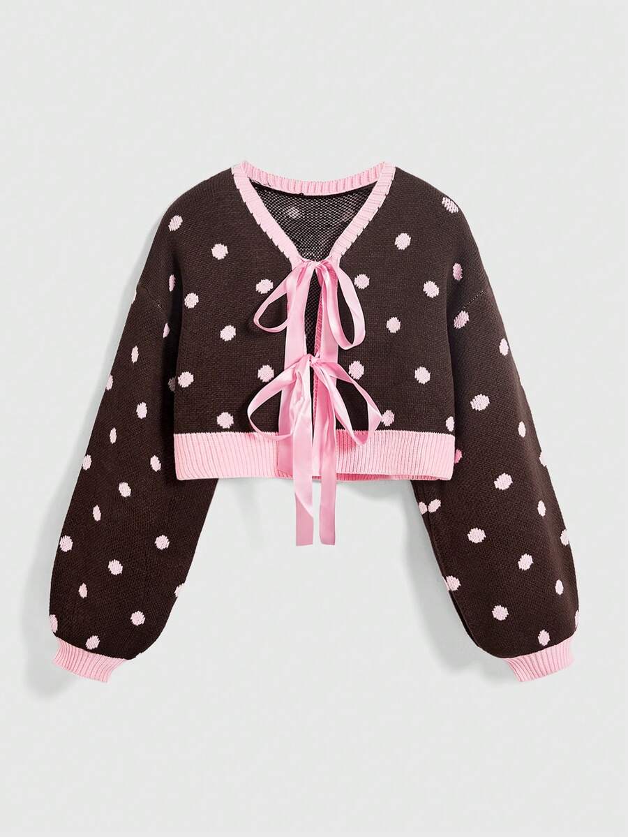 ROMWE Autumn/Winter Vintage Y2K Bow Ribbon Polka Dot Cute Retro Pink & Cardigan - Brown - View 1