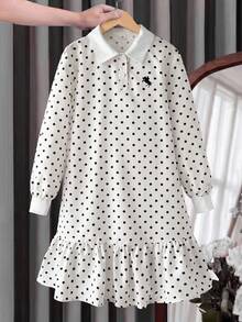 SHEIN Tween女孩對比白POLO領黑白波點Logo印花長袖寬鬆A字洋裝 優雅學院風 - 黑與白 - 查看 5
