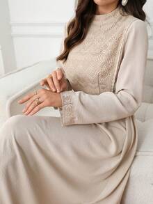 Al Najma Women's Elegant Lace Patchwork Arabian Dress - Khaki - View 5