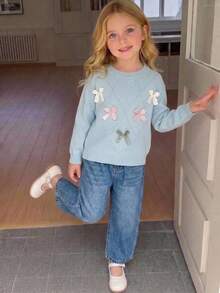 SHEIN Vintaside Kids 2026 春/秋新款 4-7 歲女童淺藍色菱格紋粗針編織套裝，3D 多色蝴蝶結圓領毛衣與長褲，兒童校園/外出/拍照針織上衣 - 藍色 - 查看 8