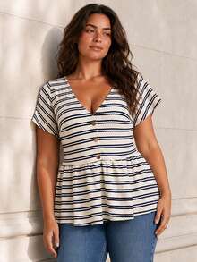 ELLERISSA Plus Size Apricot Navy Stripe V Neck Button Front Peplum T-Shirt - Apricot - View 5