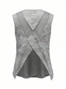 SHEIN Sovereign Charm 女款運動瑜伽戶外健身無袖寬版背心，X交叉網眼後背設計，倒V下擺 - 淺灰色 - 查看 7