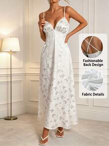 SHEIN PariChic 2026夏季新款女款白色蝴蝶提花細肩帶洋裝 優雅V領緞面長洋裝露背約會派對沙灘仙女風洋裝 - 白色 - 查看 1