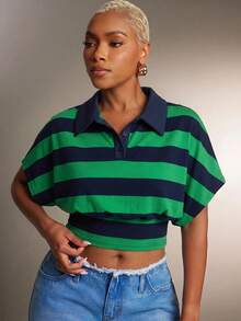 Denimoi Cinched Waist Collared Striped Polo Top Fashionable Tops Collared Top, Casual Basic Top - Green - View 5
