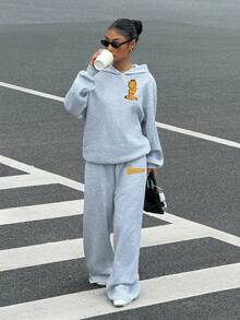 Muchica GARFIELD | SHEIN Women's Cartoon Print Long Sleeve Hoodie Sweatshirt And Pocket Loose Pants 2pcs Set - Grey - View 4