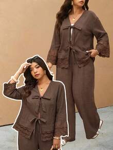 Elaquor Plus Size Boho Casual Elegant Vacation Solid Color Embroidered Patchwork Women's 2 Pieces Set Shirt + Pants Fall Formal Brown Brunch Party Evening - Mocha Brown - View 1