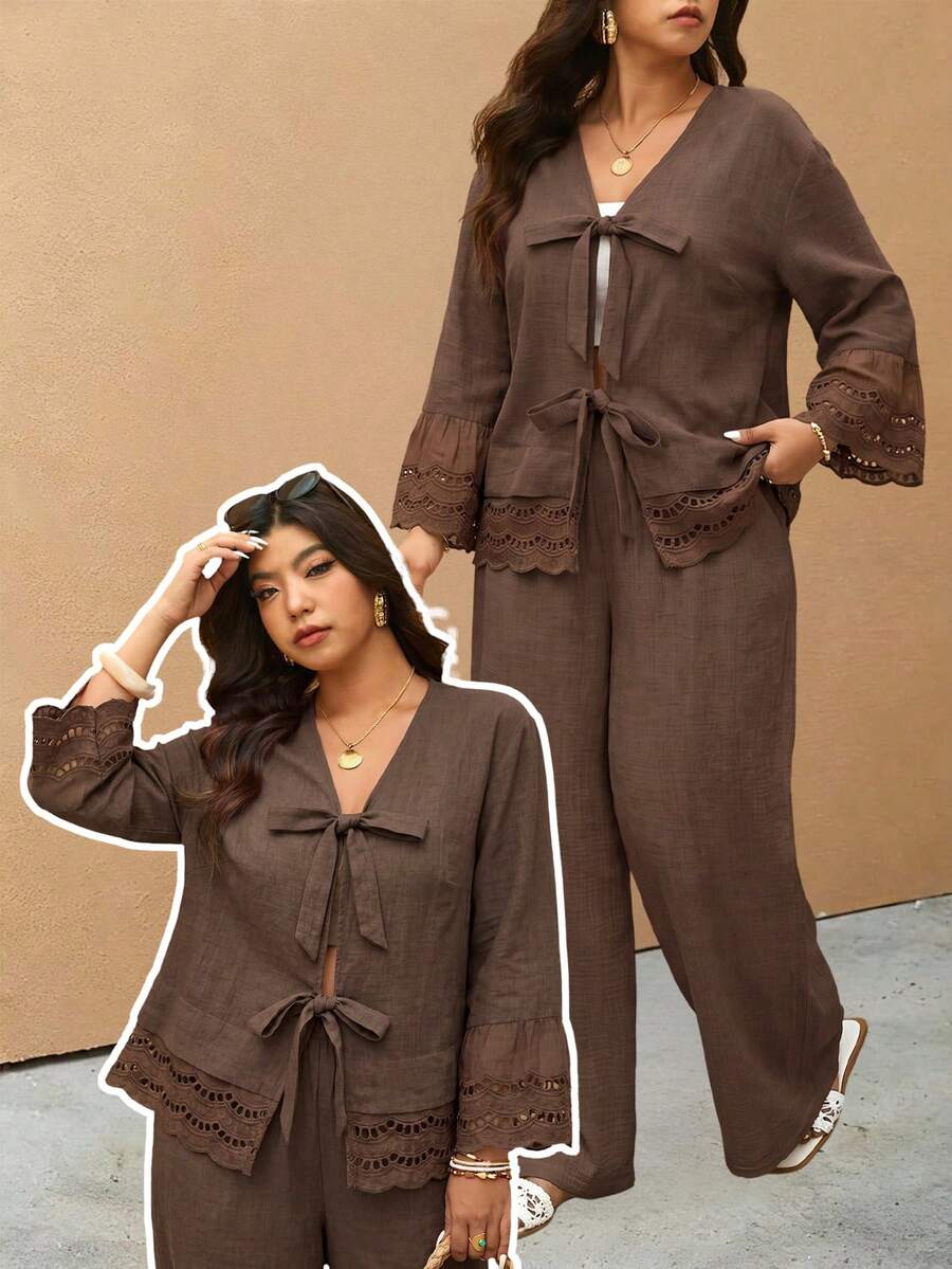 Elaquor Plus Size Boho Casual Elegant Vacation Solid Color Embroidered Patchwork Women's 2 Pieces Set Shirt + Pants Fall Formal Brown Brunch Party Evening - Mocha Brown - View 1